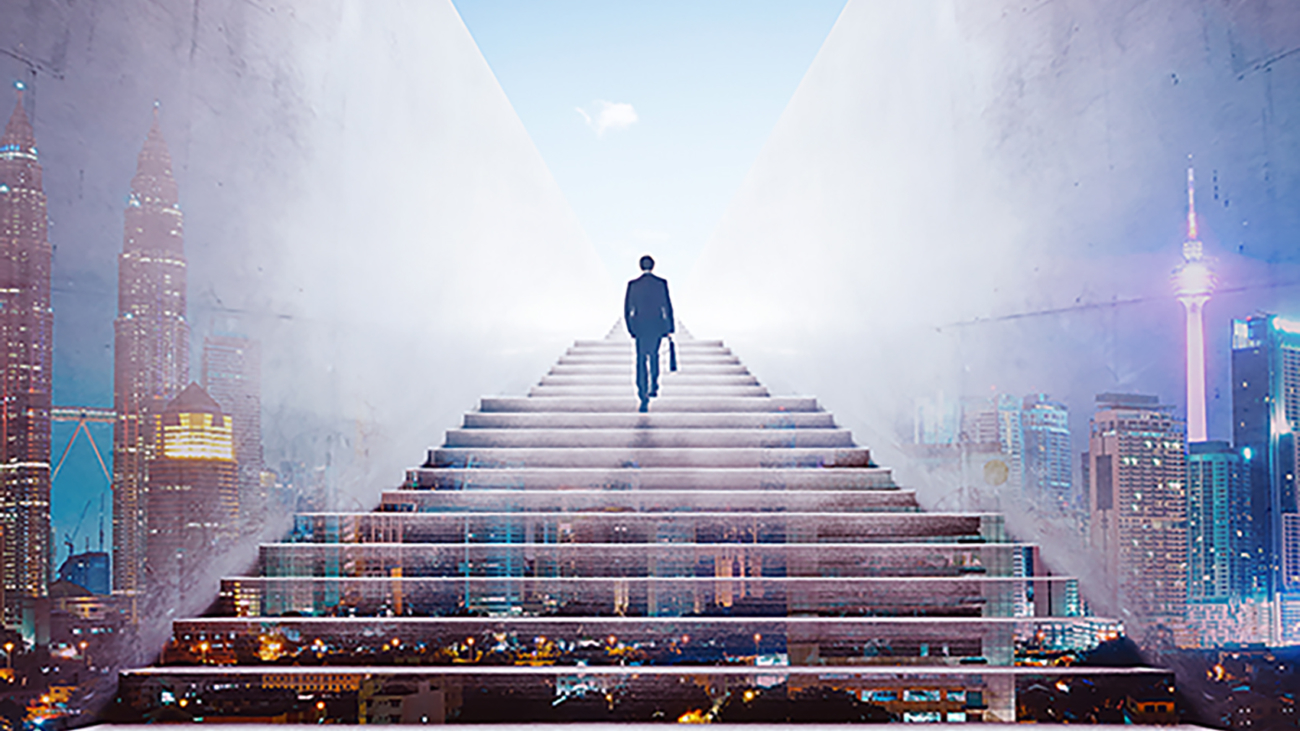 graphicstock rear view of a businessman climbing stairs to get to a large city center concept of success and appreciation double exposure HdIPxnwejx 1